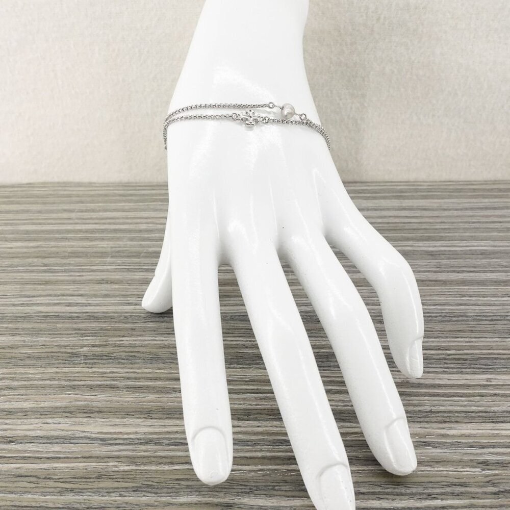 Tory Burch Logo Pearl Slider Adjustable Bracelet Silver OS - Picture 4 of 12